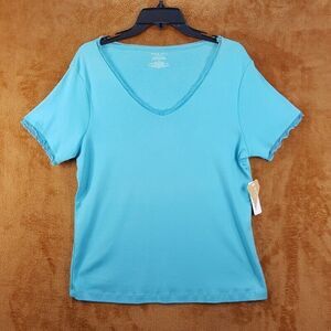 KATE HILL Womens Top Large Blue Pullover VNeck Mesh Trim Short Sleeve
